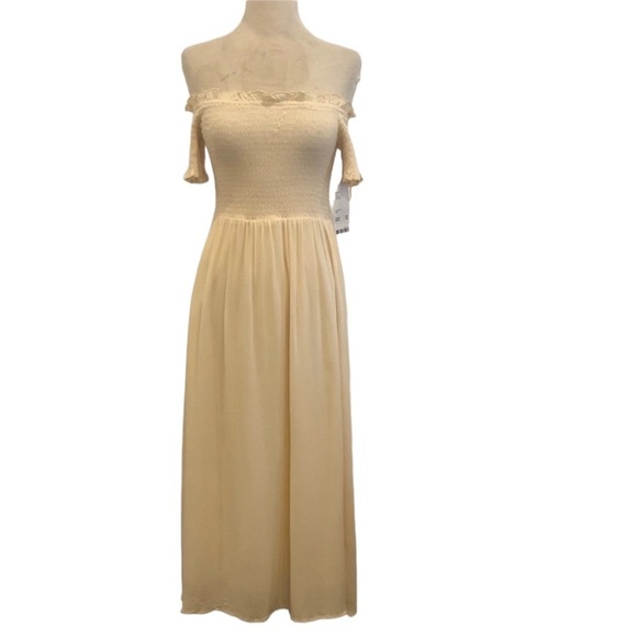 Urban Outfitters Amelia Off The Shoulder Neutral Smocked Midi Maxi Dress - Picture 6 of 15